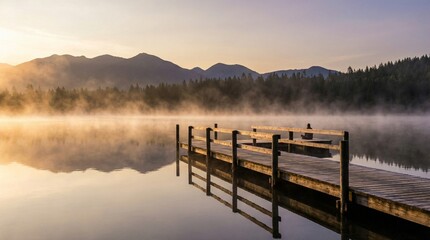 Muelle de madera que se adentra en un lago tranquilo con niebla y monta&ntilde;as al amanecer, reflejando el paisaje sereno y los &aacute;rboles en el agua en calma.