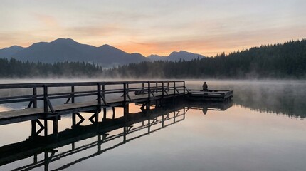Muelle de madera que se adentra en un lago tranquilo con niebla y monta&ntilde;as al amanecer, reflejando el paisaje sereno y los &aacute;rboles en el agua en calma.