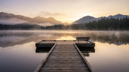 Muelle de madera que se adentra en un lago tranquilo con niebla y monta&ntilde;as al amanecer, reflejando el paisaje sereno y los &aacute;rboles en el agua en calma.