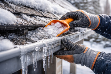 Obraz premium Removing Ice from a Frozen Gutter in Winter