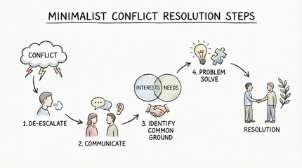 Minimalist conflict resolution steps include de escalate, communicate, identify common ground, and problem solve for peaceful resolution