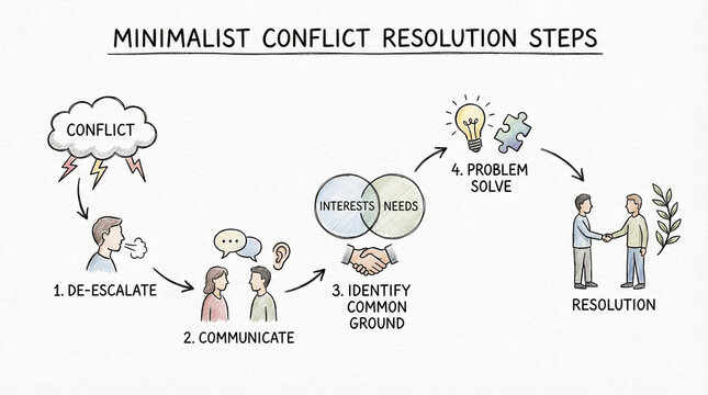 Minimalist conflict resolution steps include de escalate, communicate, identify common ground, and problem solve for peaceful resolution