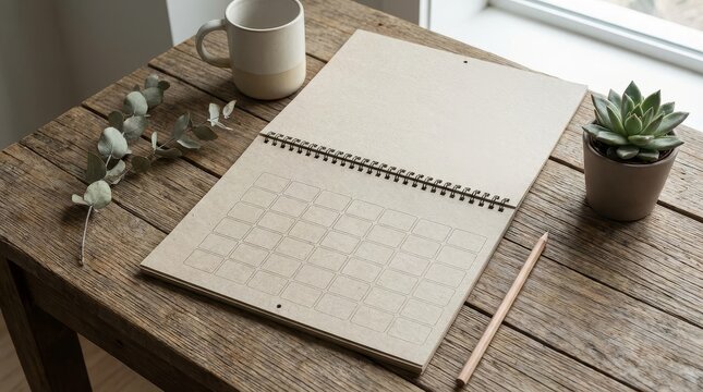 Open calendar planner with spiral binding on wooden desk