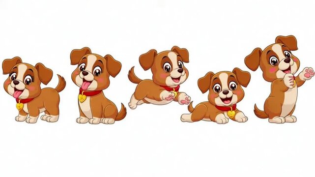 Animated cute brown puppy dog cartoon character poses and expressions sequence