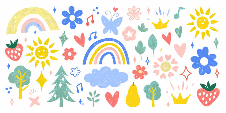Colorful childlike drawings of rainbows flowers suns and nature elements