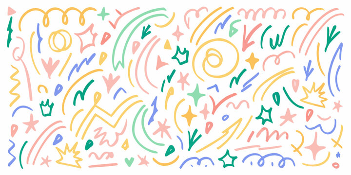 Colorful doodle pattern with various shapes and playful whimsical lines