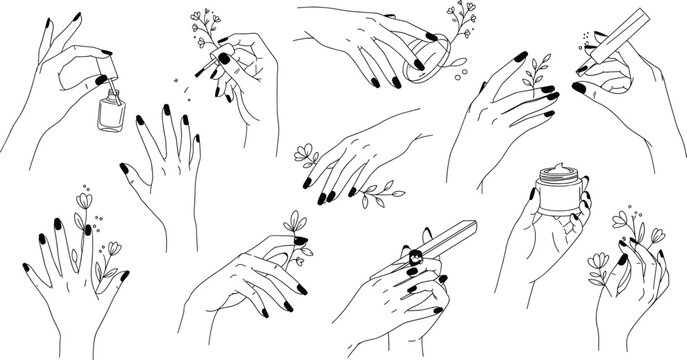 Elegant Female Hands Line Art Icon Set with Nail Care Beauty Tools and Floral Elements for Cosmetic Design