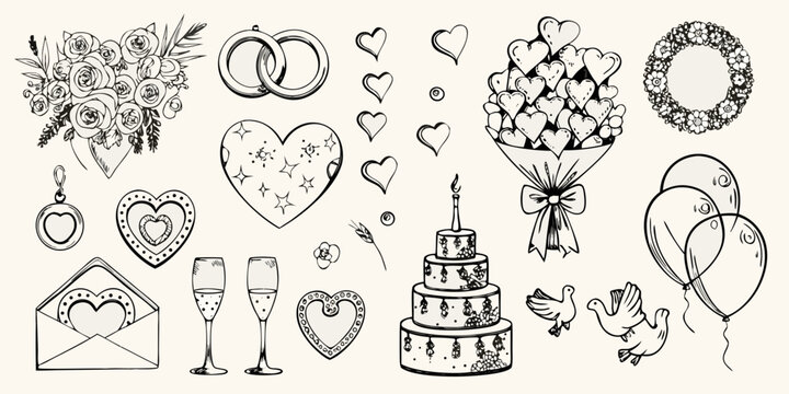 Elegant wedding elements rings bouquets cake and love symbols in sketch style