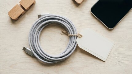 Rolled gray charging cable with blank tag on wooden surface