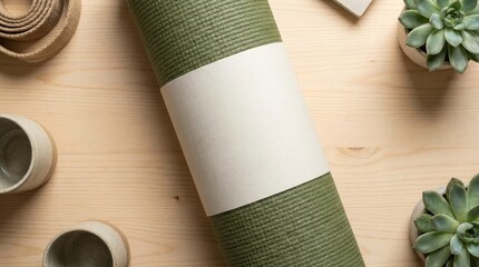 Rolled green yoga mat on a wooden surface