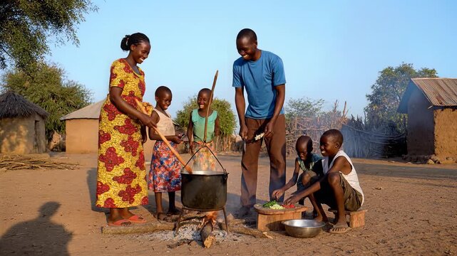 African Family Cooking Dinner Outdoors in Rural Village Community