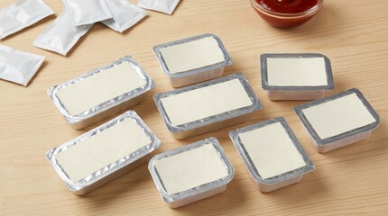 Several single serving food containers arranged on a wooden table