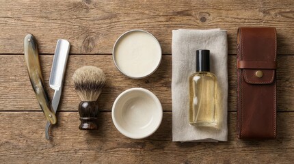 Shaving brush soap and aftershave bottle arranged on wooden table