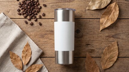 Silver travel mug with white sleeve and coffee beans