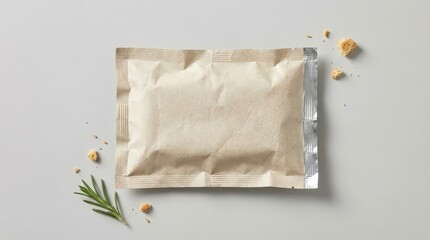 Single serving food packet with herb and spice on clean background