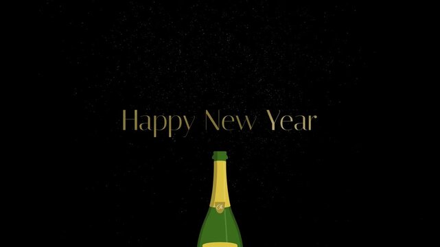 Champagne bottle that arrives and shoots out the cork with an explosion with gold particles, champagne splash on the black screen. Then it will appear golden happy new year text.