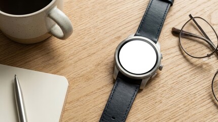 Smartwatch with leather strap on wooden table