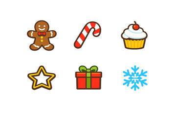 Holiday treats and gifts displayed together with a gingerbread man, candy cane, cupcake, star, present, and snowflake on a white background