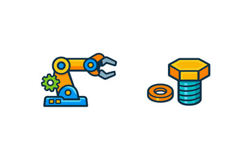 Robot arm picks up hardware parts in a workshop setting near tools and machinery during the day