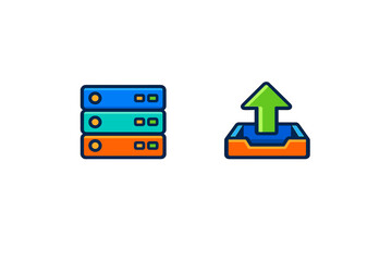Fototapeta premium Server and upload icon graphic showing three server units and a box with an upward arrow representing data transfer technology