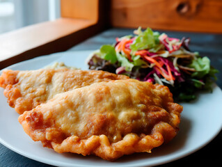 Gluten-Free Fried Cheburek on a White Plate with Fresh Salad