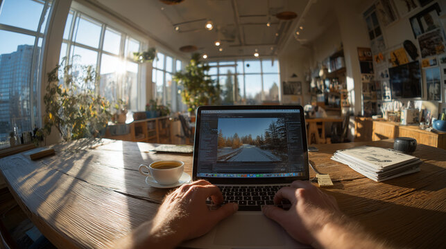 POV remote work on laptop in creative workspace, modern freelance lifestyle