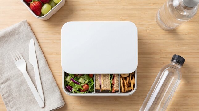 White lunchbox with sandwich salad and chips on table