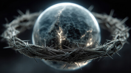 Planet Earth sphere trapped inside sharp metal barbed wire ring. Global geopolitical crisis, war sanctions, closed borders and military threat concept