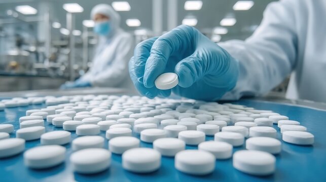 Production Line of White Pills in Pharmaceutical Facility with Focus on Quality Control Procedures and Precision Handling