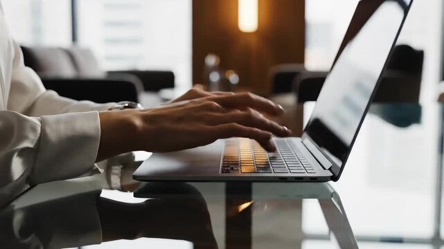 Hands typing on laptop in high-end corporate office, glass desk surface with soft reflection
