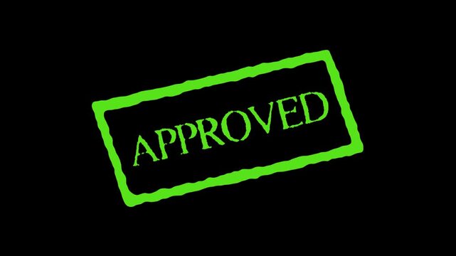 A vibrant green rubber stamp impression with the word APROVED in bold green letters on a animated black background