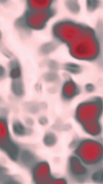 Abstract red and grey shapes on a pink background.