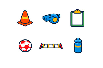 Sports training equipment displayed together with a traffic cone, whistle, clipboard, soccer ball, ladder, and water bottle in one arrangement