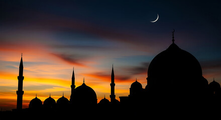 Silhouette of Grand Mosque with Minarets and Crescent Moon at Colorful Sunset Sky, Islamic Architecture Night Scene, Ramadan and Eid Background