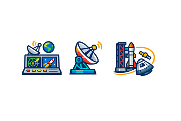 Fototapeta premium Space exploration tools are shown through a set of icons displaying satellite dishes, control panels, and a rocket with spacecraft for missions to outer space