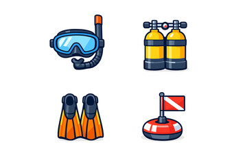 Diving equipment displayed together in a flat layout with snorkel, tanks, fins, and a buoy flag on a clean background © icon_art