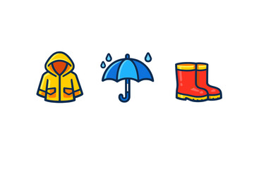 Bright yellow raincoat, blue umbrella, and red rubber boots arranged on a white background for a rainy day theme