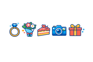 Fototapeta premium Icons of special occasions show ring, bouquet, cake, camera, and gift illustrating moments of celebration and joy for life events like weddings and birthdays