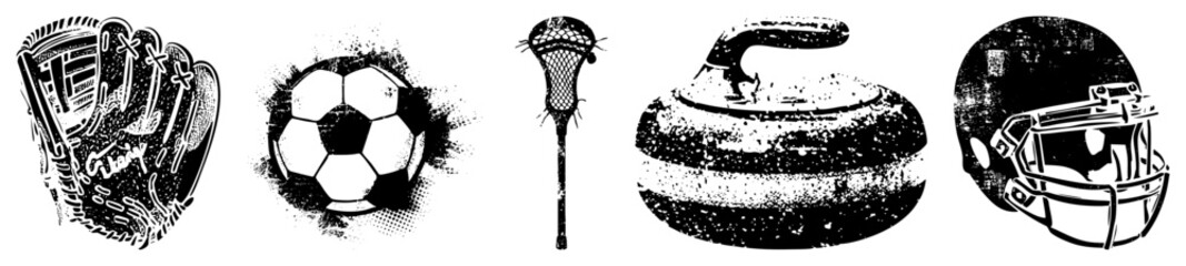 Sports Equipment Baseball Glove, Soccer Ball, Stick, Curling Stone, Football Helmet