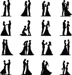 Fototapeta premium Romantic couple silhouette vector set with dancing proposing embracing and love poses in elegant black and white style
