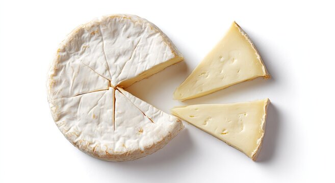 Close up of a round cheese wheel with two slices on a white background