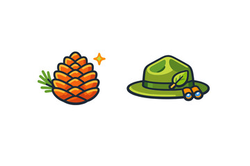 Fototapeta premium Pine cone and green ranger hat with binoculars are positioned together, showcasing outdoor adventure items on a simple background