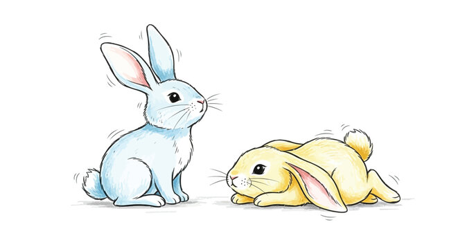 Two adorable cartoon rabbits one blue and one yellow facing each other