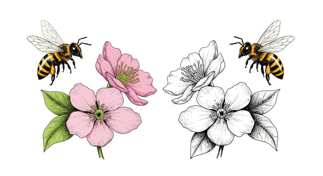 Floral arrangement featuring pink and white blossoms with two buzzing honeybees