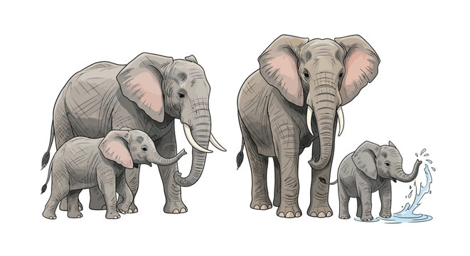 A family of elephants adult elephants and their young calves are pictured