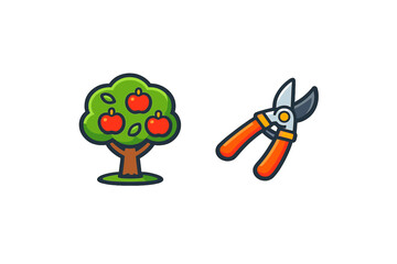 Obraz premium Pruning tools and apple tree with red apples are displayed together in a simple design showing gardening activity and nature care