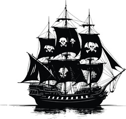 Pirate ship silhouette vector illustration with skull sails and water reflection in bold black and white graphic style © Muhammad