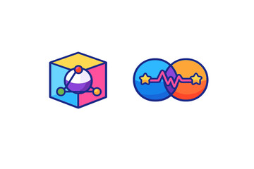 Fototapeta premium Digital icons showing a 3D model and overlapping circles with waveforms in bright colors suitable for a technology or science theme