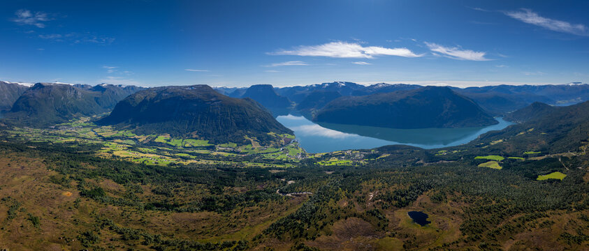 panorama drone view of the Innvikfjorden Fjord and surrounding mountains in central Norway