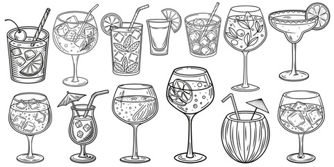 Set of fashionable cocktails. Alcoholic cocktails sketch vector set. Champagne, margarita, martini, vodka, gin and tonic, mojito, cuba libra, pi&ntilde;a colada, cosmopolitan